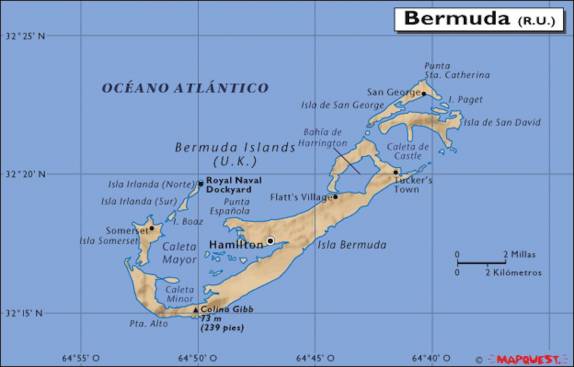 Mapa de Bermuda, uma ilha no meio do Atlântico, em forma de camarão